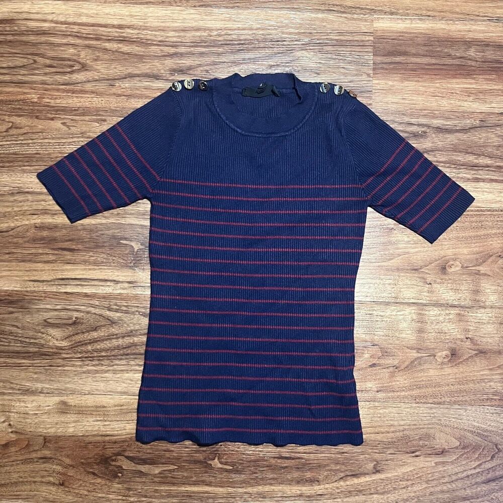 Sweet Wanderer Blue Striped Sweater Short Sleeve Sweatshirt Women Size Small